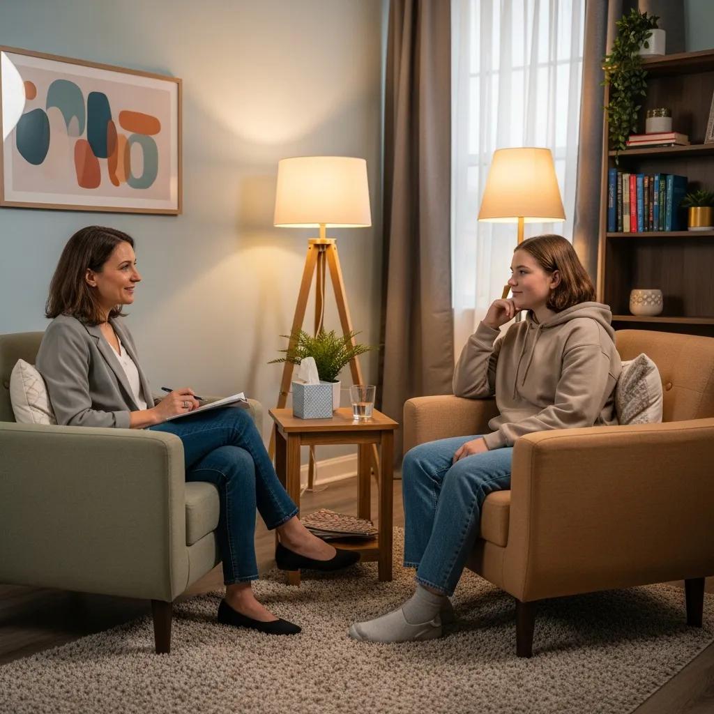 Cozy counseling room with a therapist and teenager discussing mental health
