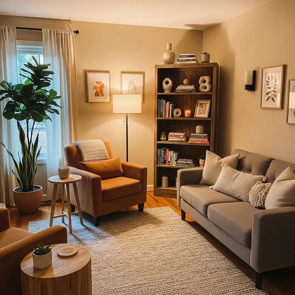 Cozy therapy room with calming decor and resources for mental health support