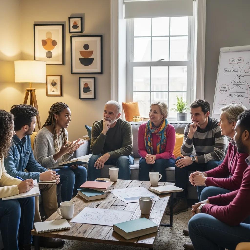 Diverse group discussing personality theories in a cozy setting