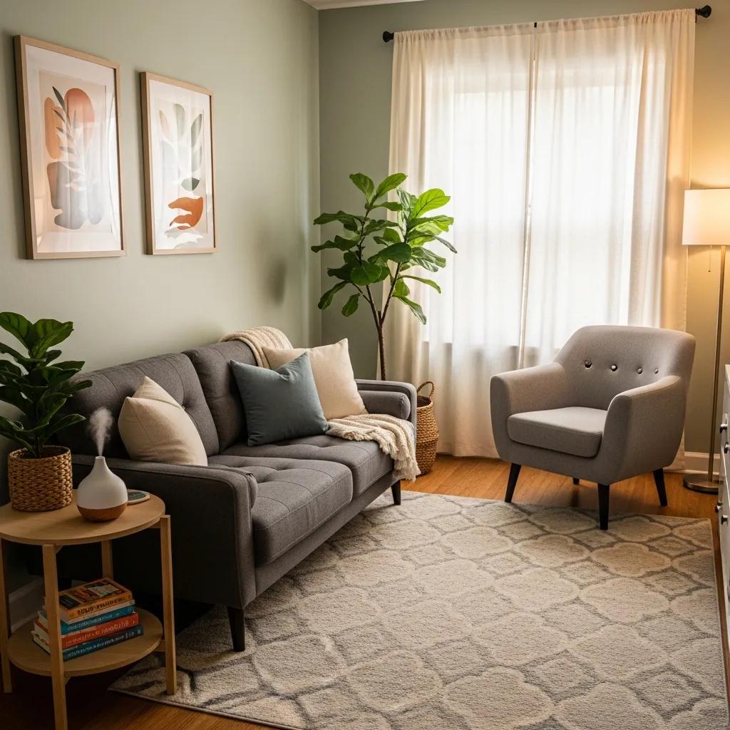 Therapy room designed for anxiety and depression counseling, featuring comfortable seating and calming decor