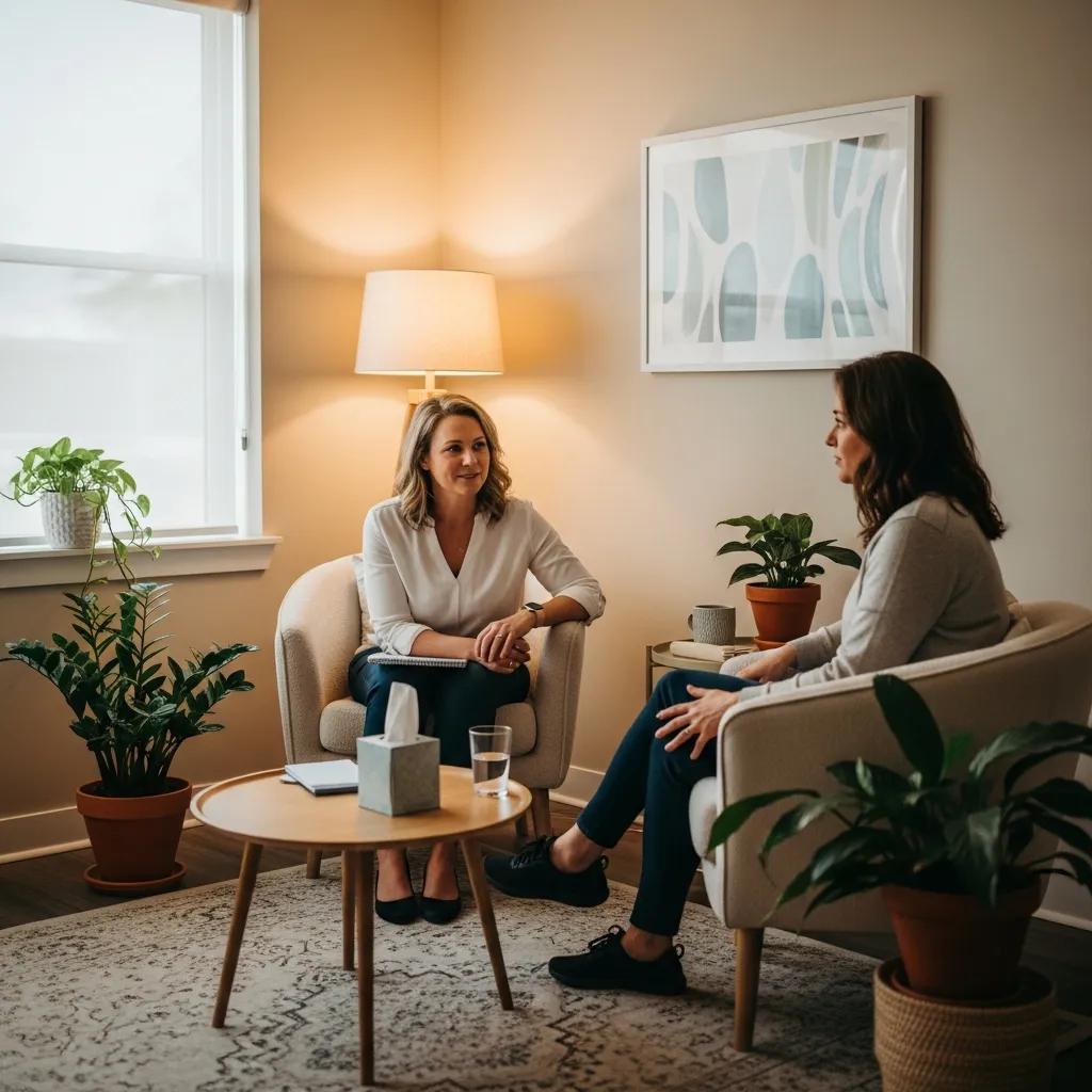 Therapy session illustrating Cognitive Behavioral Therapy for anxiety with a therapist and client in a supportive environment