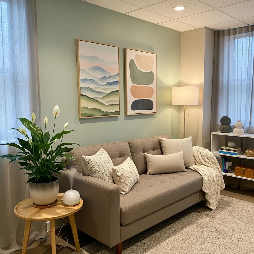 Calm therapy room with comfortable seating and soothing decor for anxiety treatment