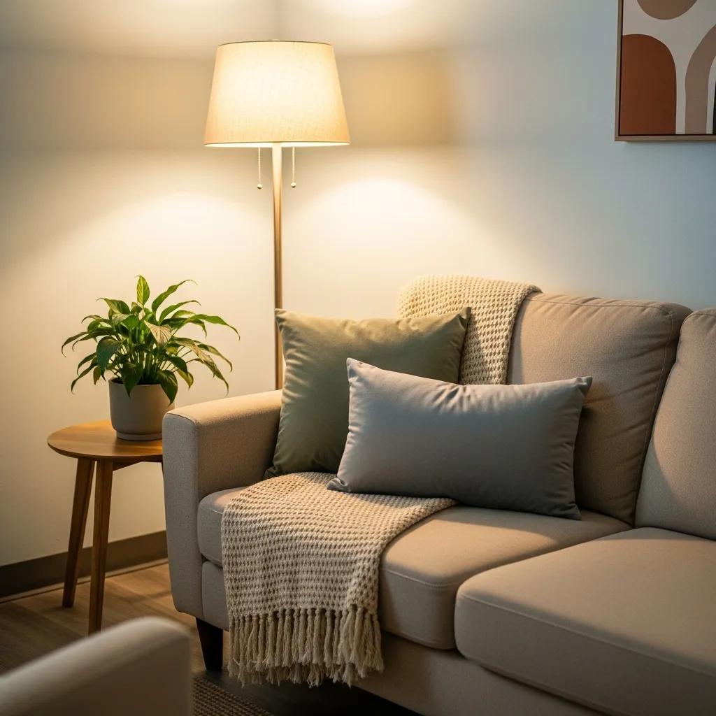 Comfortable therapy office with a couch and calming decor for psychotherapy services
