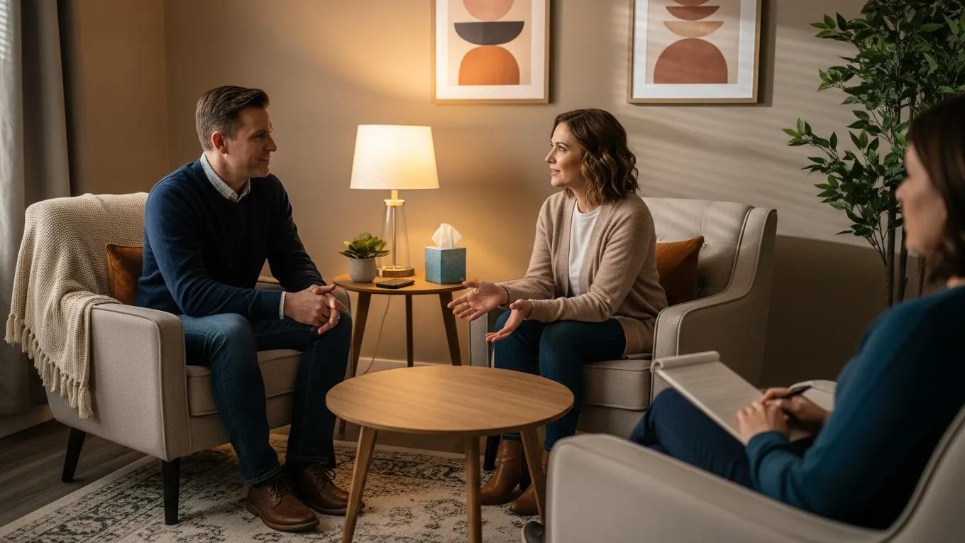 Couple engaged in communication during therapy session, emphasizing relationship counseling benefits