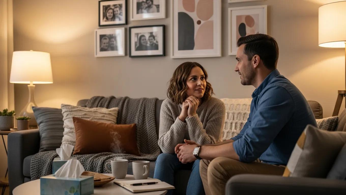 Couple engaged in heartfelt conversation in a cozy living room, symbolizing marriage counseling and communication