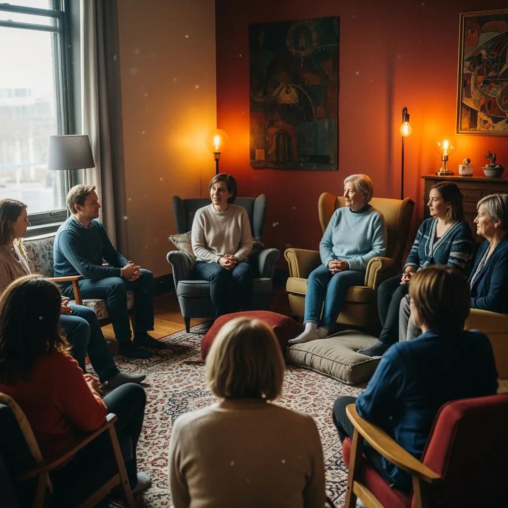 Diverse individuals in a supportive mental health group discussion