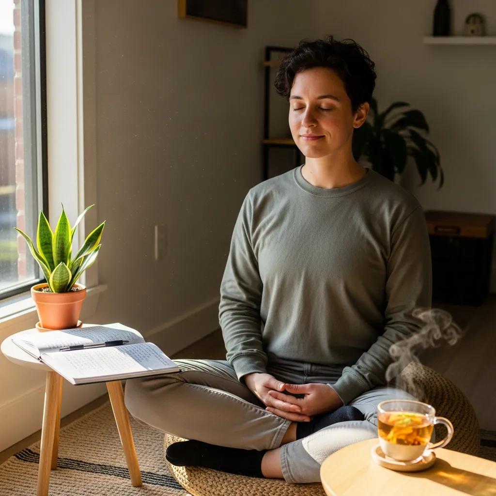 Mindfulness practice in a serene workspace with elements symbolizing habit formation