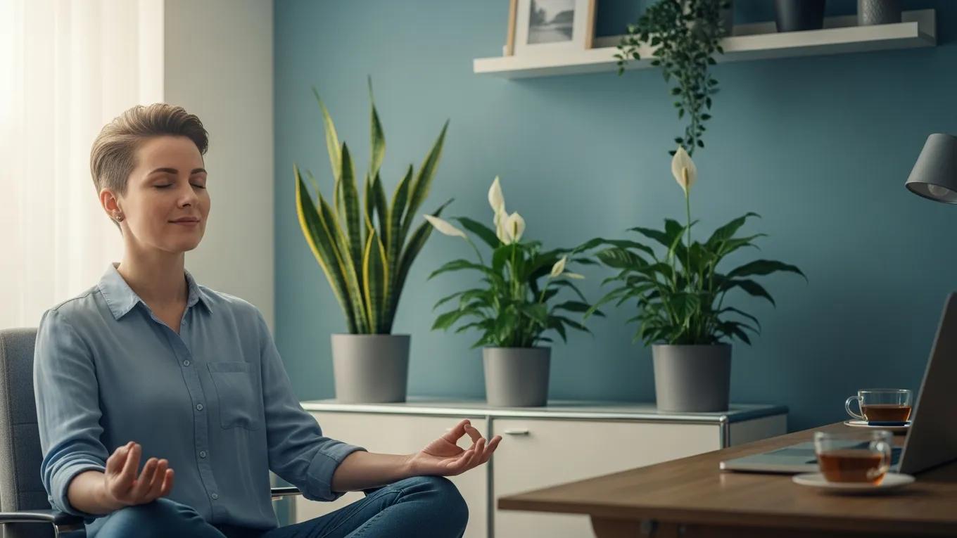 Professional practicing mindfulness in a calming office environment
