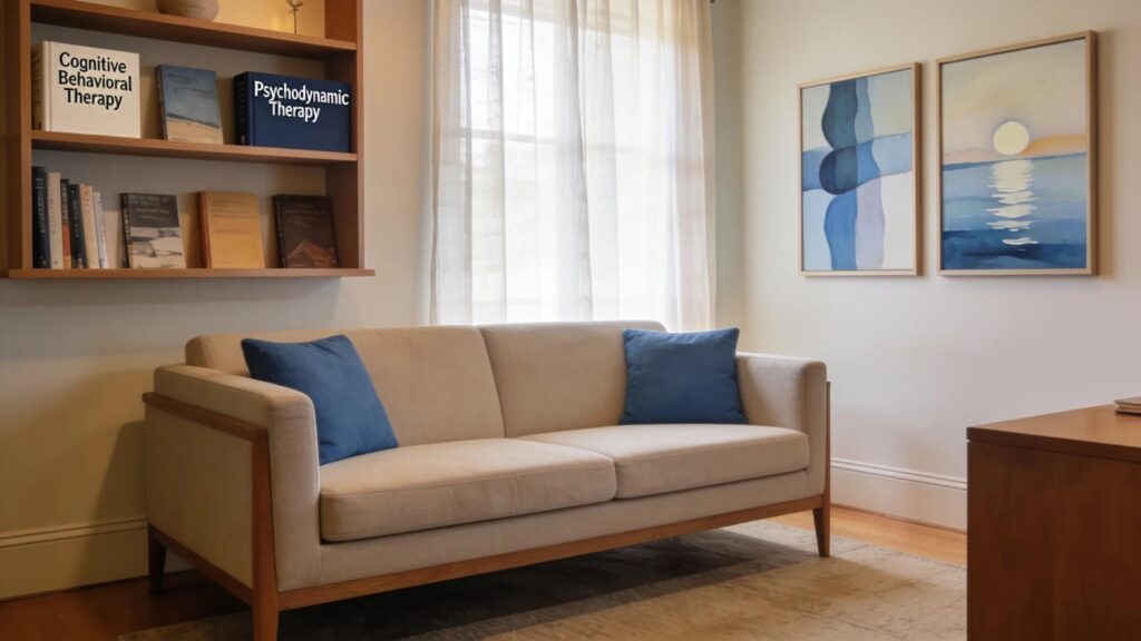 Therapy room embodying the essence of CBT and Psychodynamic Therapy