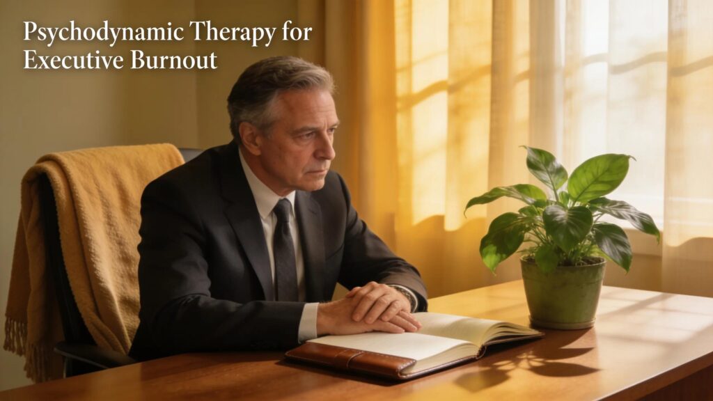 Executive contemplating burnout solutions in a tranquil office environment