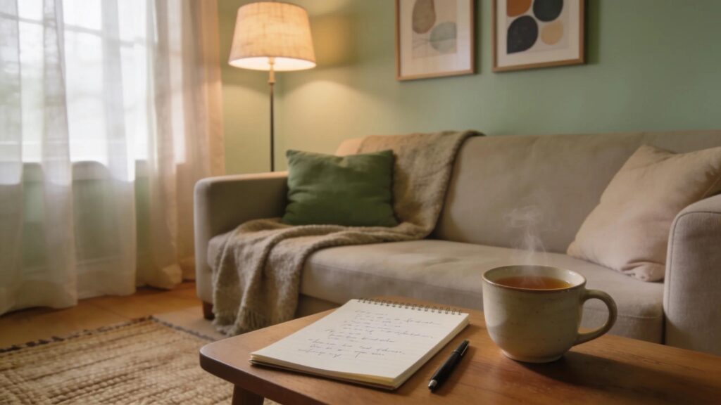 Serene therapy setting with a couch, notepad, and cup, symbolizing psychodynamic therapy