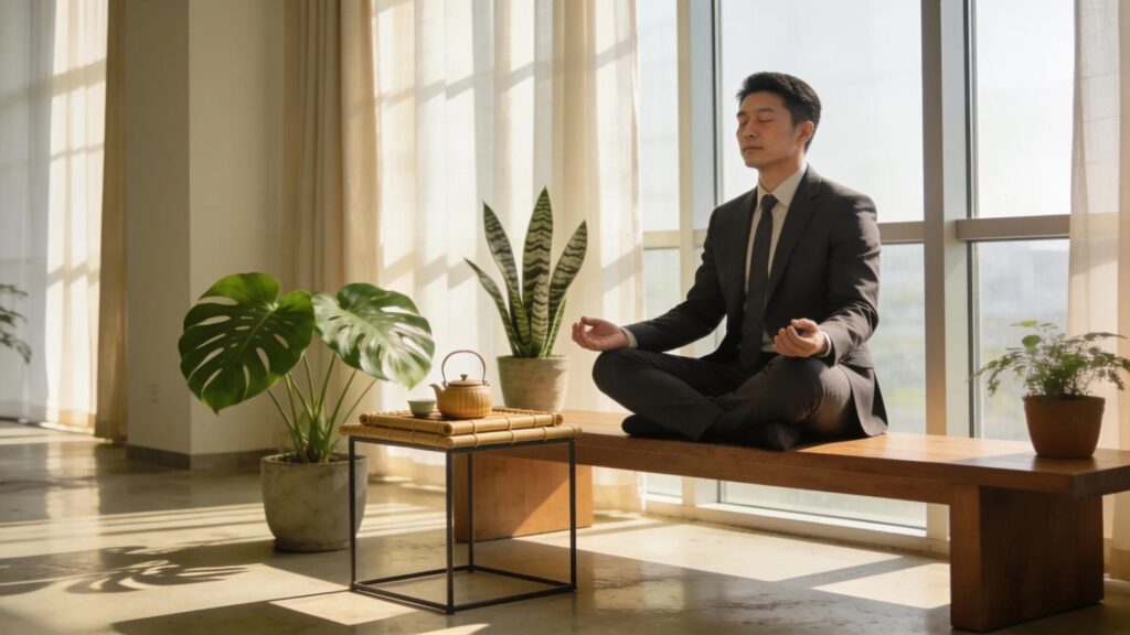 Executive workspace promoting work-life balance with meditation and natural light