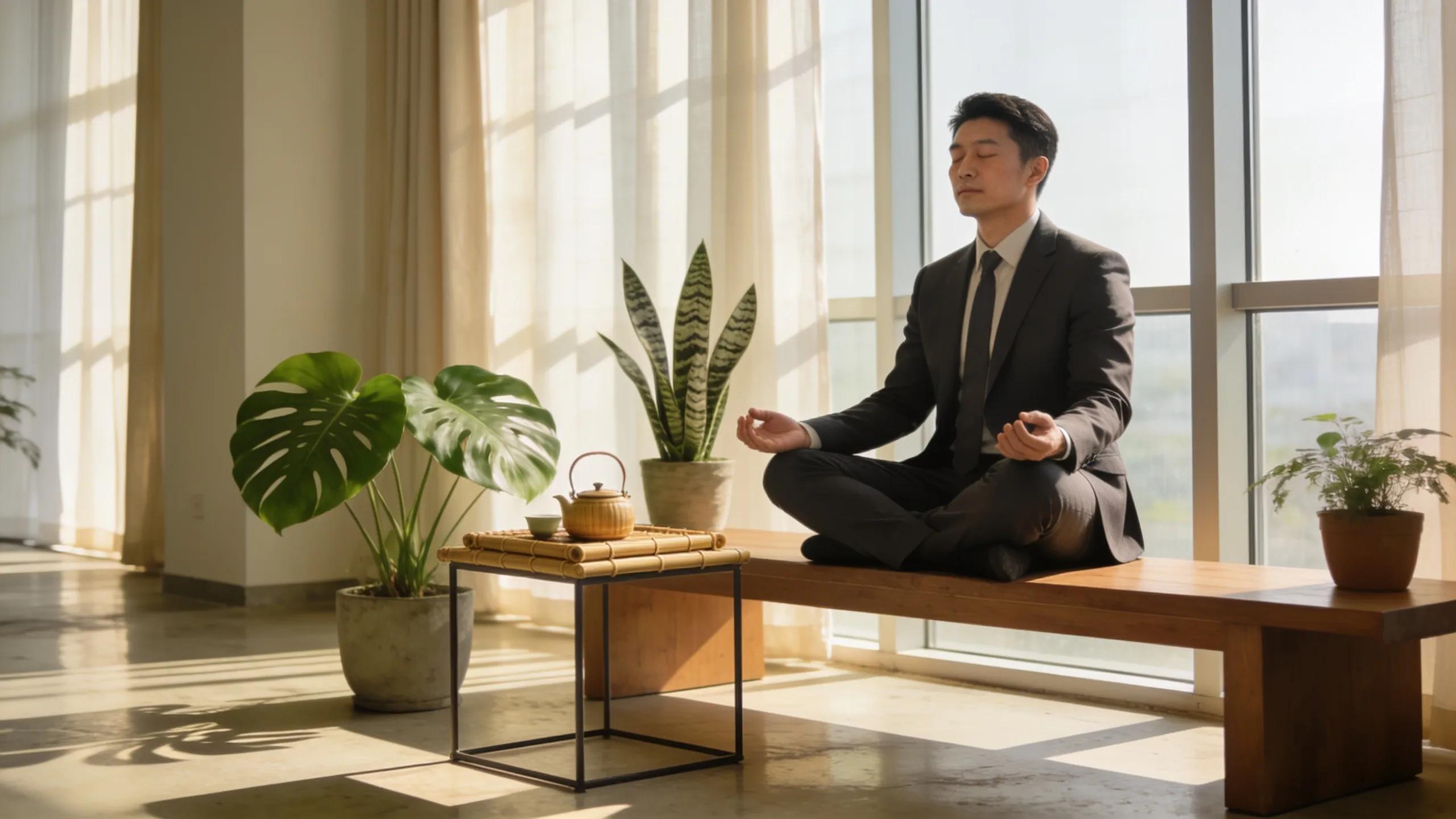 Executive workspace promoting work-life balance with meditation and natural light