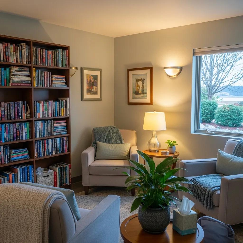 Cozy counseling room with comfortable seating and calming decor for teen therapy