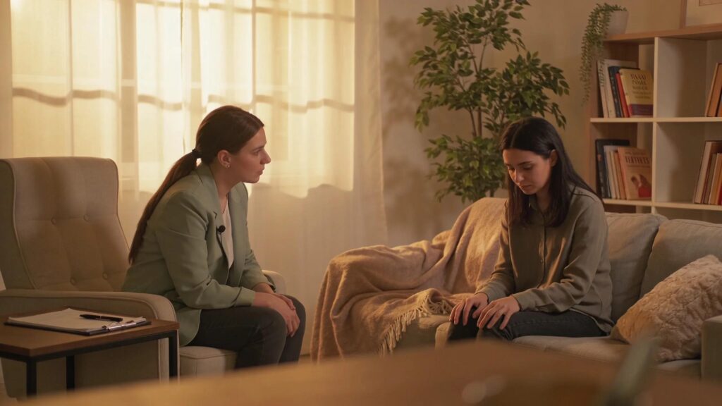 Psychologist and client in a warm therapy session, illustrating the essence of psychodynamic therapy
