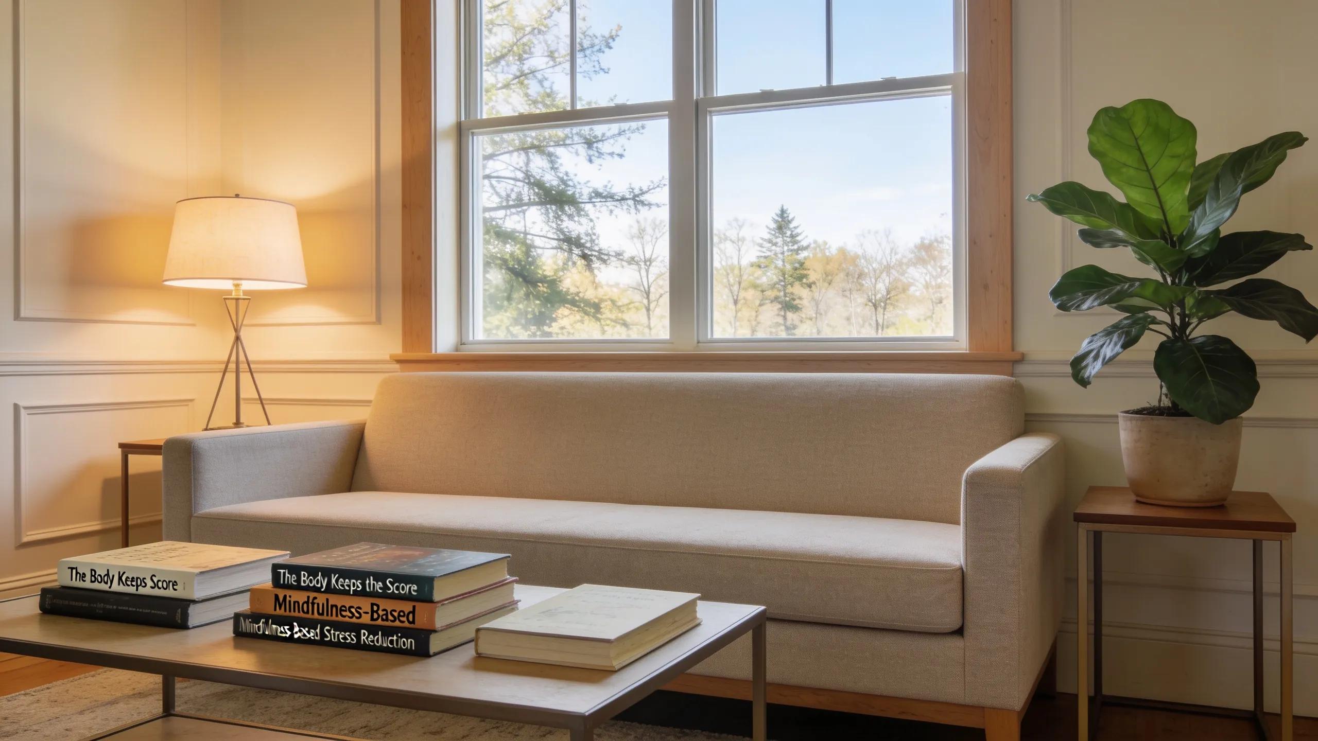 A serene therapy session room promoting psychodynamic counseling with comfortable seating and calming nature view