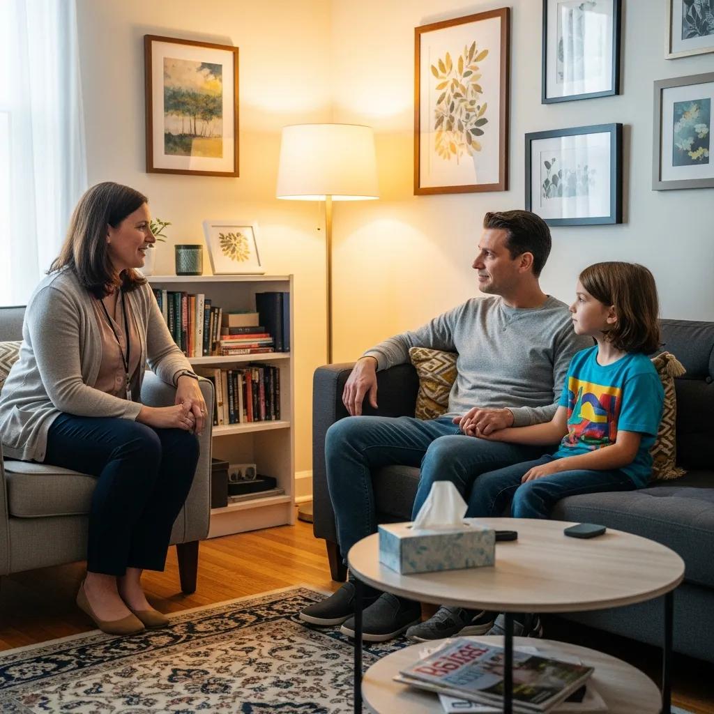 Family therapy session with parent and child communicating in a supportive environment