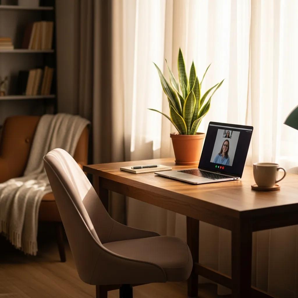 Home office setup for online therapy with a laptop and calming decor