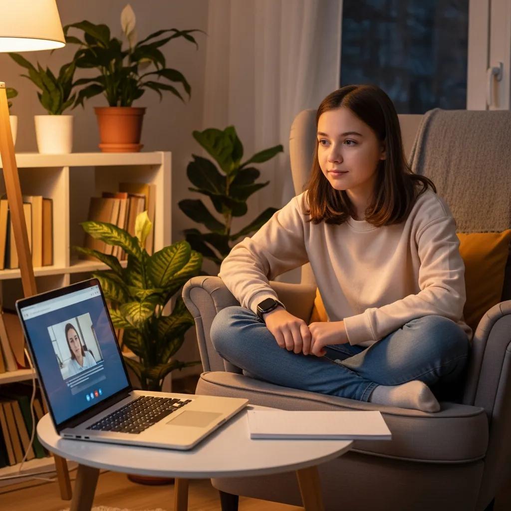 Teenager participating in an online counseling session in a cozy room
