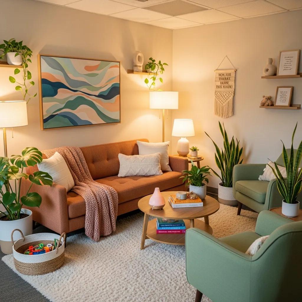 Therapy room for teens with comfortable seating and calming decor