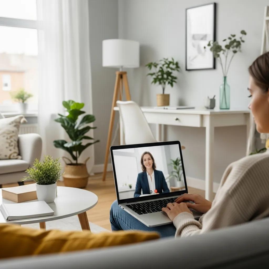 Comfortable home office scene depicting online therapy session with a person on a laptop