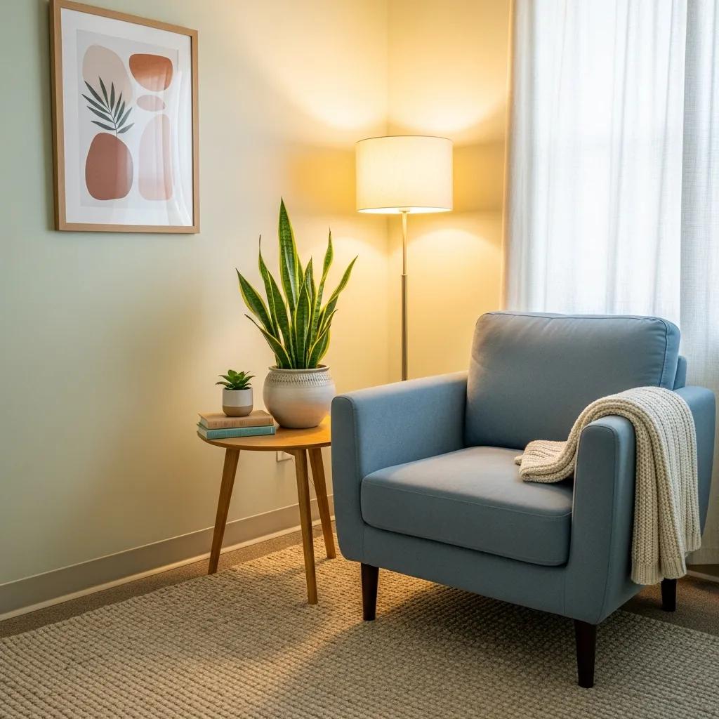 Comfortable therapy room designed for individual counseling, emphasizing a calming and safe environment