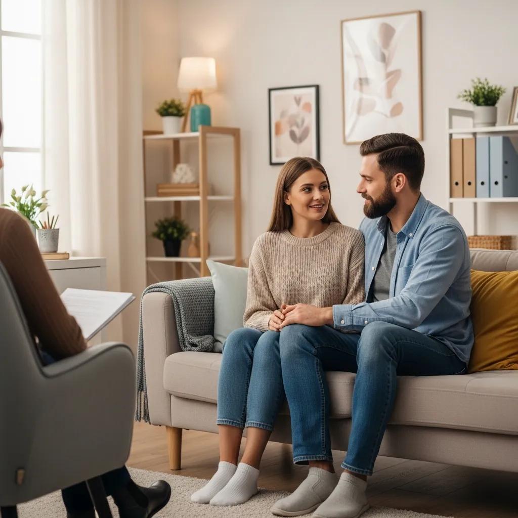 Couple engaged in conversation in a cozy therapy office, representing couples therapy services