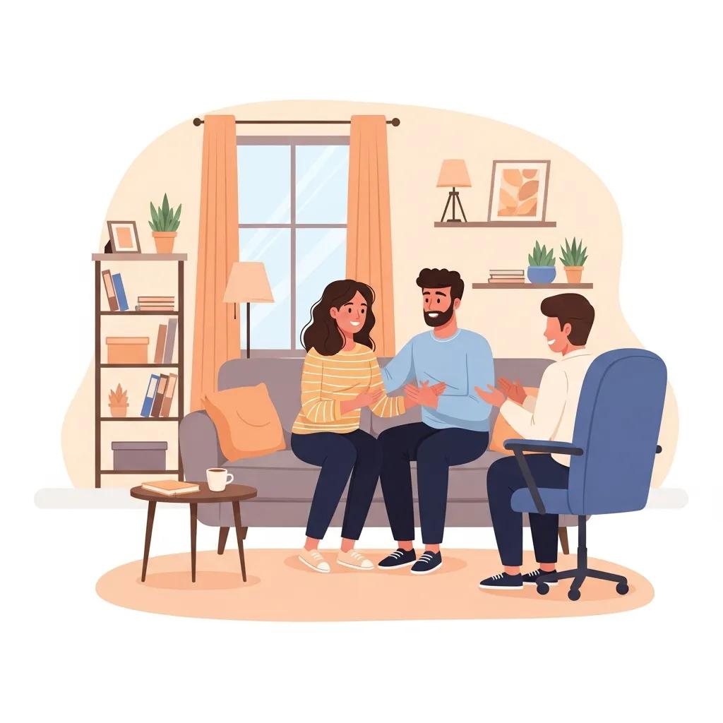 Couple engaged in conversation in a cozy therapy office, symbolizing emotional connection and support