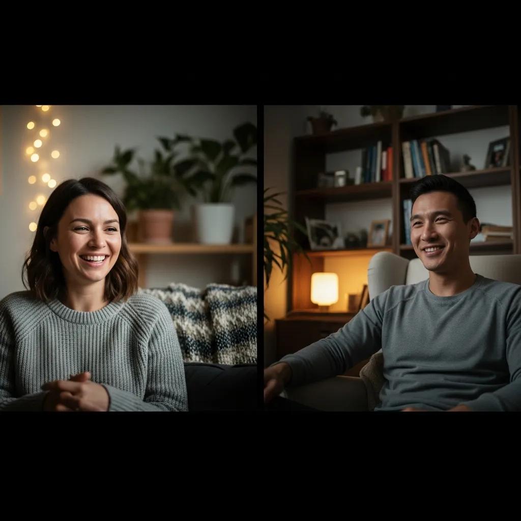 Couple video calling in a cozy setting, representing connection in long-distance relationships