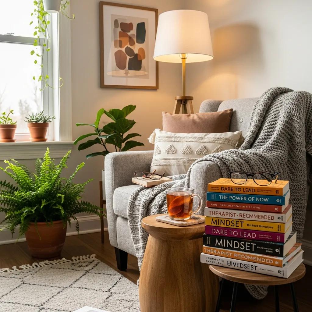 Cozy reading nook with mental health books and a cup of tea