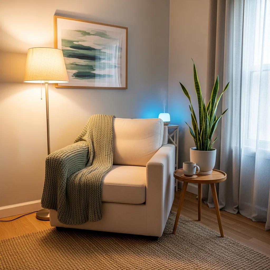 Cozy therapy room with comfortable seating and calming decor for mental health support