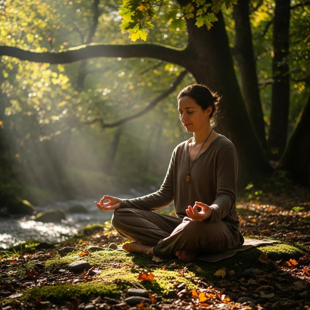 Person meditating in a tranquil outdoor setting, symbolizing trauma recovery and emotional healing