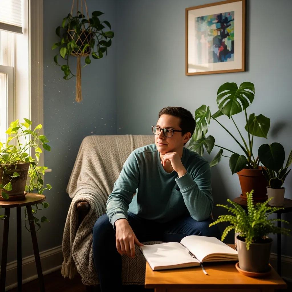 Person reflecting in a cozy room, symbolizing the journey of understanding cognitive distortions