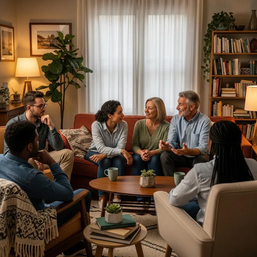 Group of diverse individuals sharing a heartfelt conversation in a cozy living room, symbolizing authentic relationships