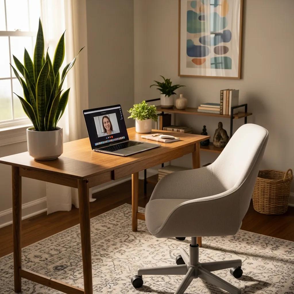 Home office setup for online therapy with a laptop and calming decor