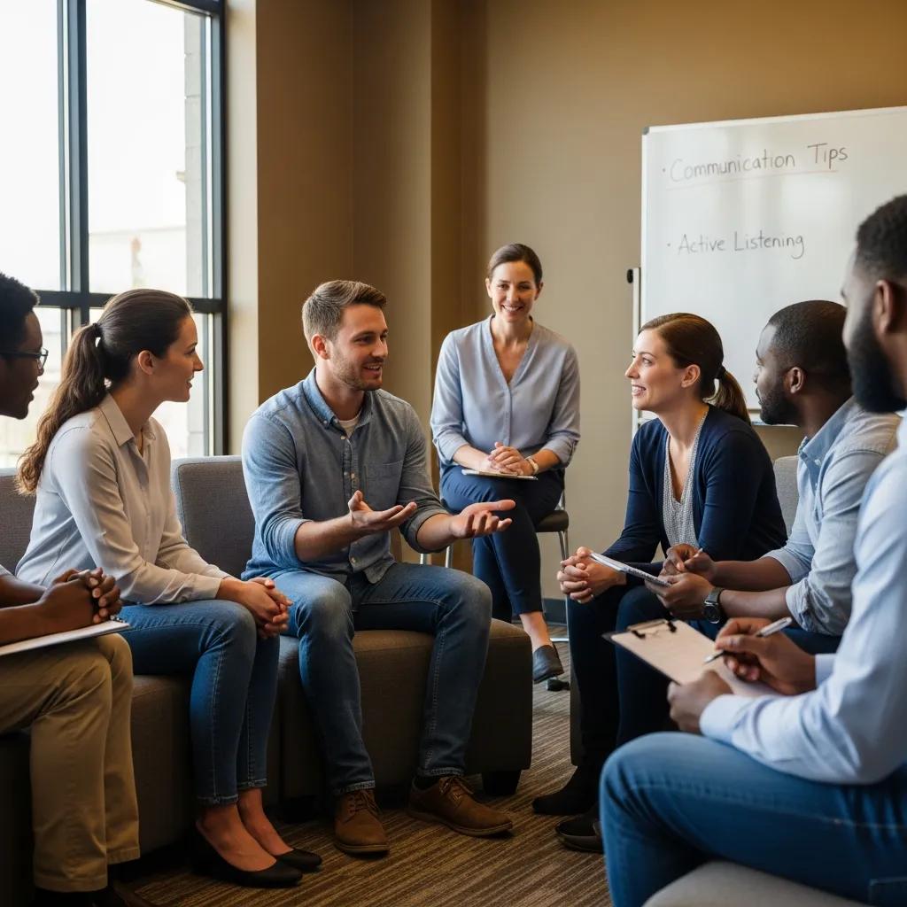 Participants practicing social skills in a group therapy setting with a therapist