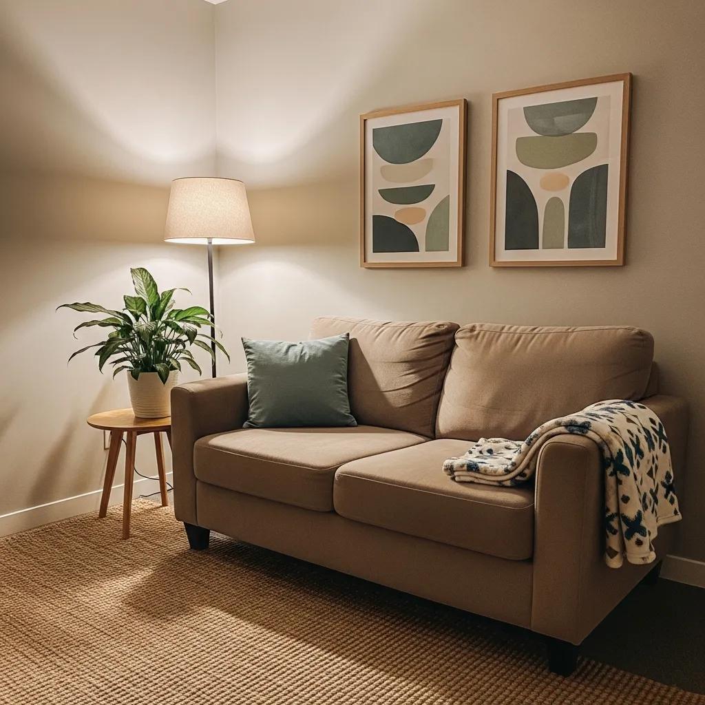 Therapy room with comfortable seating and calming decor for psychotherapy services