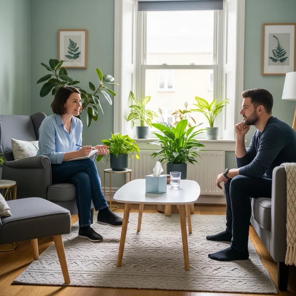 Therapy session illustrating the concept of psychodynamic therapy with a therapist and client in a cozy setting